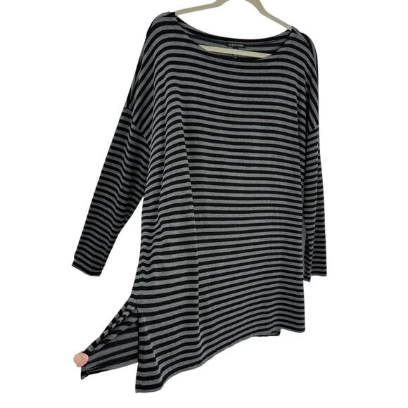 Eileen Fisher Large Boxy Striped Tunic Top Dolman Sleeve Black Gray Pullover - Picture 2 of 7